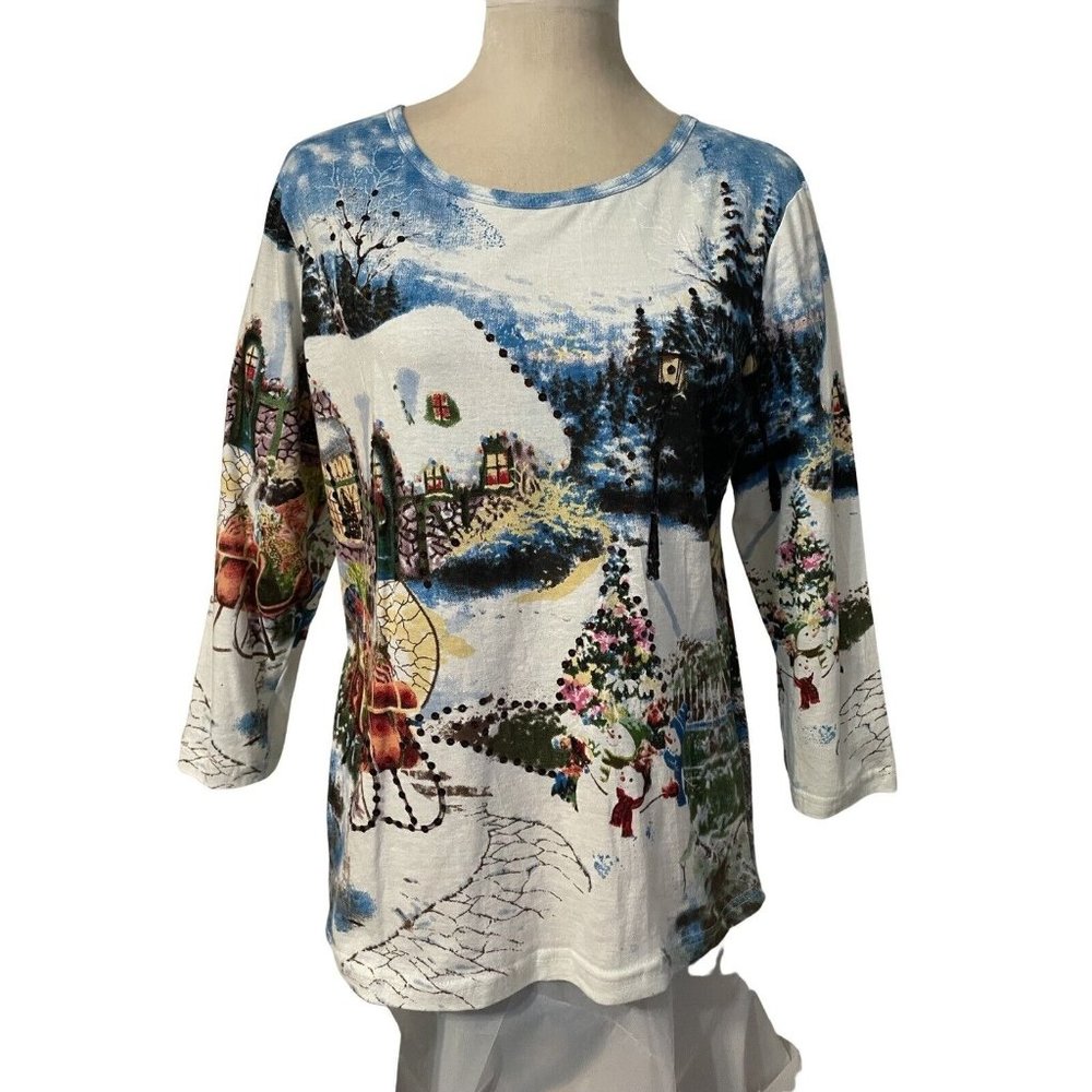 Collections Etc Womens Medium Top T Shirt Winter Scene Cotton Bedazzled
